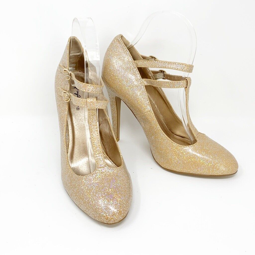 Primary image for Qupid Womens Gold Glitter T- Strap Heels Pump, Party Wedding Dance Shoe SZ 7.5