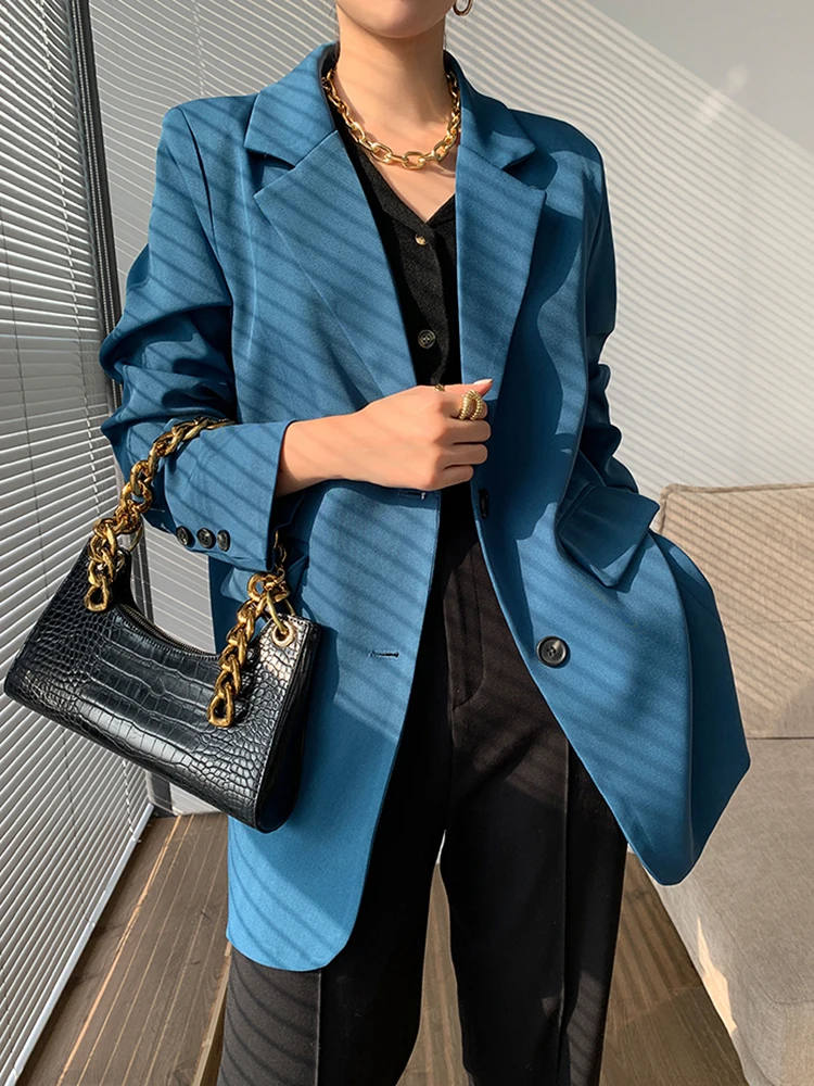 Blue Suit Jacket Woman Solid Long Sleeve Casual Spring Autumn Korean Style Briti - £344.89 GBP