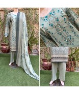 Pakistani Sage Green Printed Straight Shirt 3-PCS Lawn Suit w/ Threadwor... - $77.17 CAD