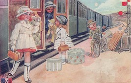 Cute Stylish Young GIRLS-DOLL-BOARDING Railroad Train~French Postcard - £7.31 GBP