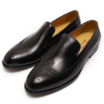 Mens Leather Loafer Shoes Wingtip High Grade Leather Brown Black Slip-On Round T - £110.63 GBP