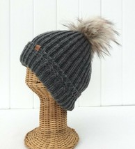Dark Gray Cable Knit Beanie Ski Hat W/ Faux Fur Pom &amp; Plush Lining Stretchy  #J - £11.37 GBP