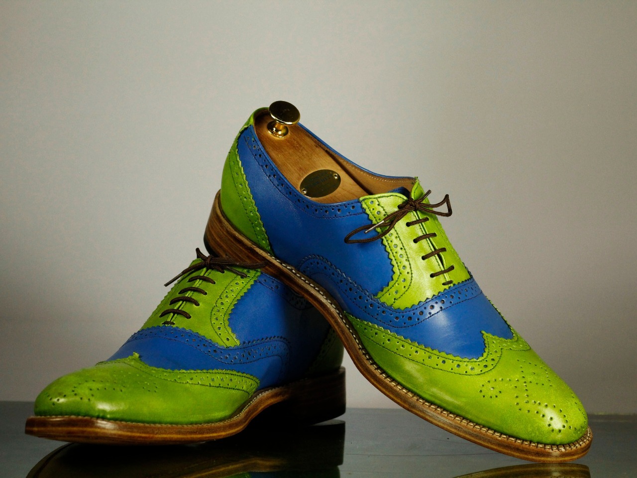 Handmade Men Blue Green Wing Tip Brogue Leather Lace Up Shoes, Men Designer Shoe