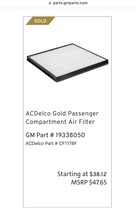 ACDelco Gold Passenger Compartment Air Filter GM Part # 19338050. BRAND NEW - £13.31 GBP