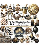 38 Midnight New Year Clipart | Black &amp; Gold NYE PNG Bundle | Watercolor ... - $3.60