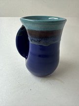 Neher Hand Warming Drip Glaze Pottery Mug Blue Brown Coffee Cup Left Hand 2022 - £14.63 GBP