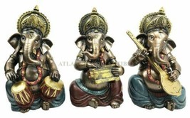Hindu Elephant God Ganesha Playing Dholak Sitar And Harmonium Figurines Set of 3 - £37.52 GBP