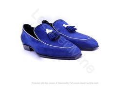 Handmade Blue Suede Leather Tassel Loafers Shoes For Men, Best Formal Shoes - $136.79