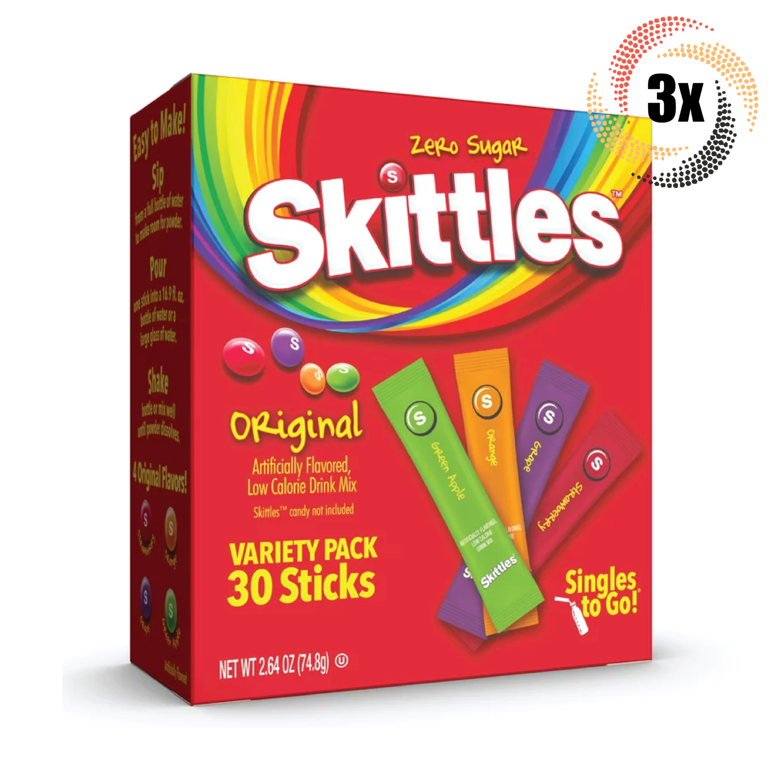 Primary image for 3x Packs Skittles Variety Original Drink Mix Singles | 30 Sticks Each | 2.64oz
