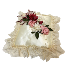 Vintage Wedding Ring Barer Pillow Satin Lace Faux Floral 12 x 12&quot; - £10.36 GBP