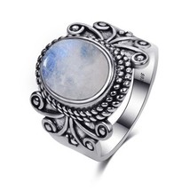 Nasiya Antique Silver Rings Oval Natural Rainbow Moonstone Rings For Women 925 S - £14.28 GBP