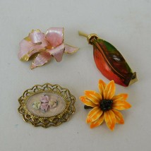 Lot of 4 Fashion Pin Brooches Cameo Flowers Floral Leaf Pin Red Orange Unmarked - £19.02 GBP