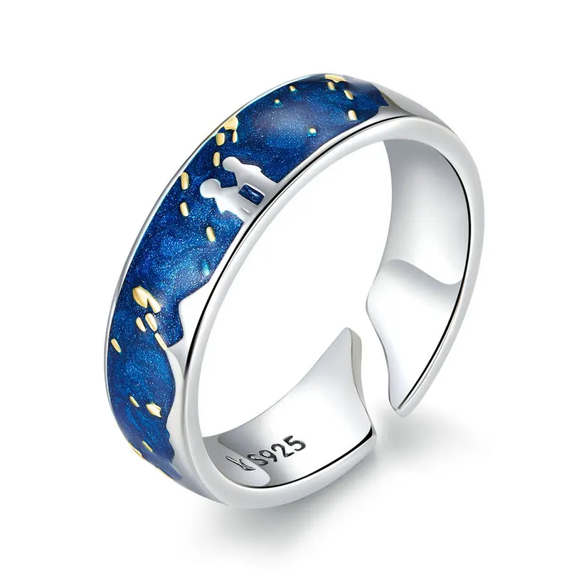 Sterling Silver 925 Lover Rings for Couple Blue Starry Sky of Van Gogh Open Fing - £19.81 GBP