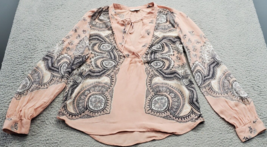 Lucky Brand Peasant Blouse Womens Medium Peach Paisley Viscose V Neck Drawstring - $23.12