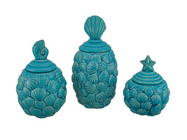 Scratch &amp; Dent Blue Seashell Design Ceramic Canisters Set of 3 - £26.42 GBP