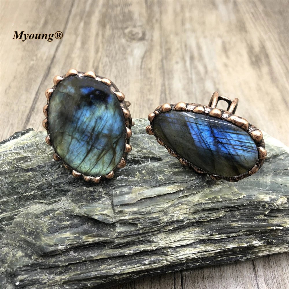 Wholesale Adjustable Bronze Plated Large Irregular Flash Labradorite Moonstone S - £62.28 GBP