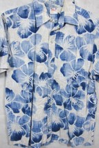 GORGEOUS VTG Go Barefoot Big Blue Hibiscus on Gray Cotton Hawaiian Shirt XL - £28.77 GBP