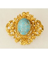 Vintage Costume Jewelry Aqua Blue Hubble Glass Gold Tone Metal Brooch Pin - £22.67 GBP