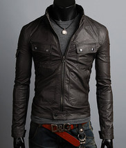 Classic Men Jacket Black Leather Belted Tab Collar Two Pockets and Front Zipper - £110.01 GBP