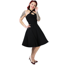 Cute Rockabilly 50s Retro Black Criss Cross Halter Swing Dress Vintage Pin Up - £63.66 GBP