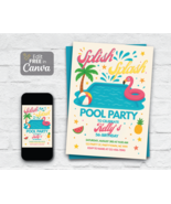 Editable Pool Party Invitation: Splish Splash Summer Birthday Digital Do... - $91.03 MXN