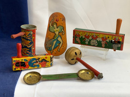 Vtg Tin Noisemakers Lot of 6 Party New Years Metal Rattlers Kirchhof Han... - $49.45