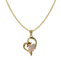 Genuine 14k Yellow Gold 0.98&quot; Pink Hibiscus and Heart Pendant Necklace 16&quot;-22&quot; - $334.00+