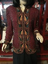 Vintage 1980s NITELINE Della Roufogali Bordeaux Red Beaded Silk Jacket - £33.55 GBP