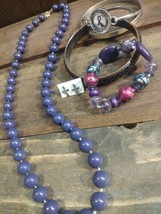 Mixed Jewelry Lot Of 6- Purple Beaded Necklace Bangles Beaded Bracelet Earrings  - $14.03