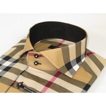 Men's AXXESS Turkey English Plaid Shirt 100% Soft Cotton High Collar 120-09 Tan image 6