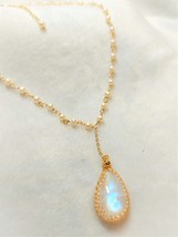 Handmade gold filled wire crochet moonstone pearl necklace Xmas valentine gift - £132.86 GBP