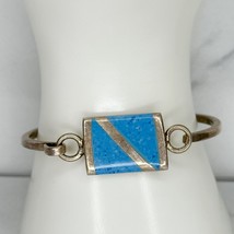Vintage Mexico Silver Tone Blue Inlay Hinge Bangle Bracelet - £19.60 GBP
