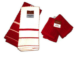 4 PC Set Red &amp; White Striped Kitchen Towels Dishcloths True Living Cotton Set - £14.74 GBP