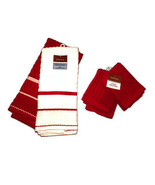 4 PC Set Red &amp; White Striped Kitchen Towels Dishcloths True Living Cotto... - £15.12 GBP