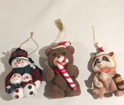 Vtg Jasco Christmas Teddies Raccoon Flock Ornament Snowman Bear Candy Cane Lot 3 - £11.74 GBP