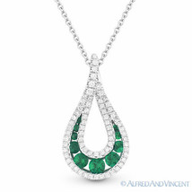 0.59 ct Emerald &amp; Diamond Pave Tear-Drop 14k White Gold Pendant &amp; Chain Necklace - £1,093.51 GBP