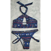 Bikini 2 Piece Size XL/9 Blue Geometric Halter Padded Tie Closure Swimwear - £16.44 GBP