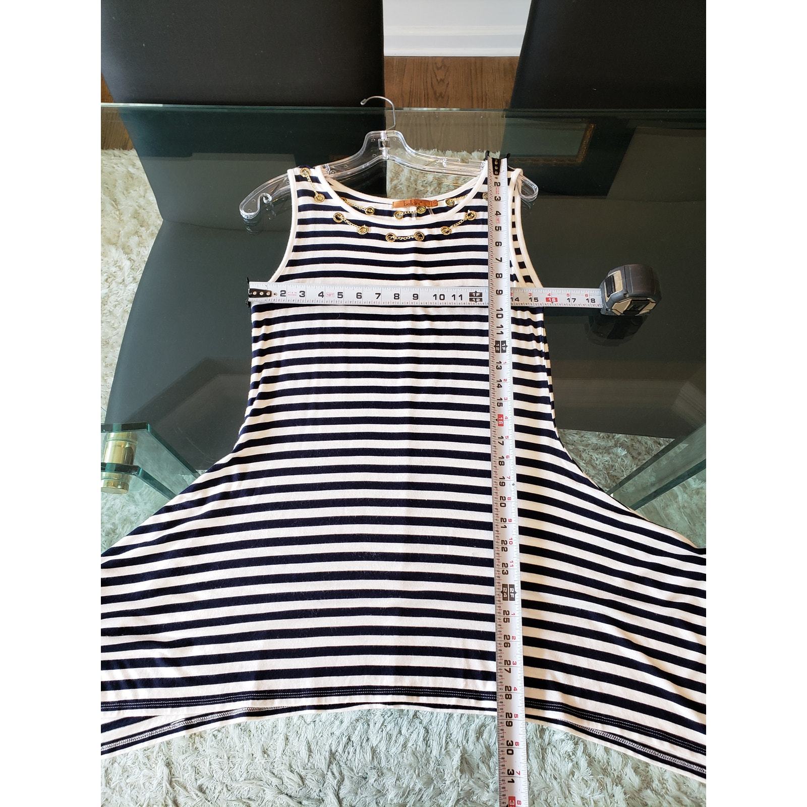 Belldini Top Blouse Womens Small White Blue Striped Embellished Asymmetrical Hem Item image 8