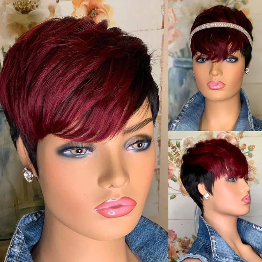 1B/99J Red Color Pixie Short Cut Bob Wigs For Women Human Hair Brazilian - £30.78 GBP+