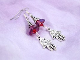 Wild Bellflower Hand of Fatima / Hamsa earrings, Purple and Red - £13.43 GBP