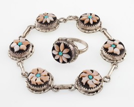 Rose Calavaza Zuni Pink Shell, Jet, Turquoise Bracelet and Matching Ring... - $362.78