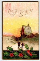 Christmas Postcard Rustic Cottage People Walking In Snow Icicles Holly Leaves - £9.23 GBP