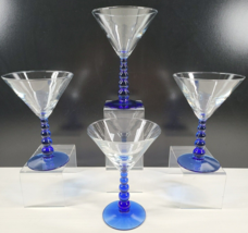 4 Libbey Metropolis Blue Martini Glasses Set Ball Knob Stems Art Deco Styled Lot - £38.82 GBP