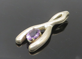 925 Sterling Silver - Vintage Prong Set Amethyst Wish Bone Pendant - PT9405 - £20.93 GBP