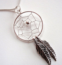 Dream Catcher Necklace with Double Sacred Feathers Sterling Silver Coron... - £27.26 GBP