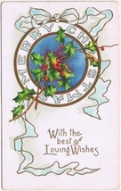 Postcard Embossed Merry Christmas Best Of Loving Wishes Mistletoe &amp; Ribbons - $1.46