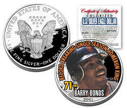 BARRY BONDS 2001 American Silver Eagle Dollar 1 oz U.S. Colorized Coin 71 HRS - £66.14 GBP