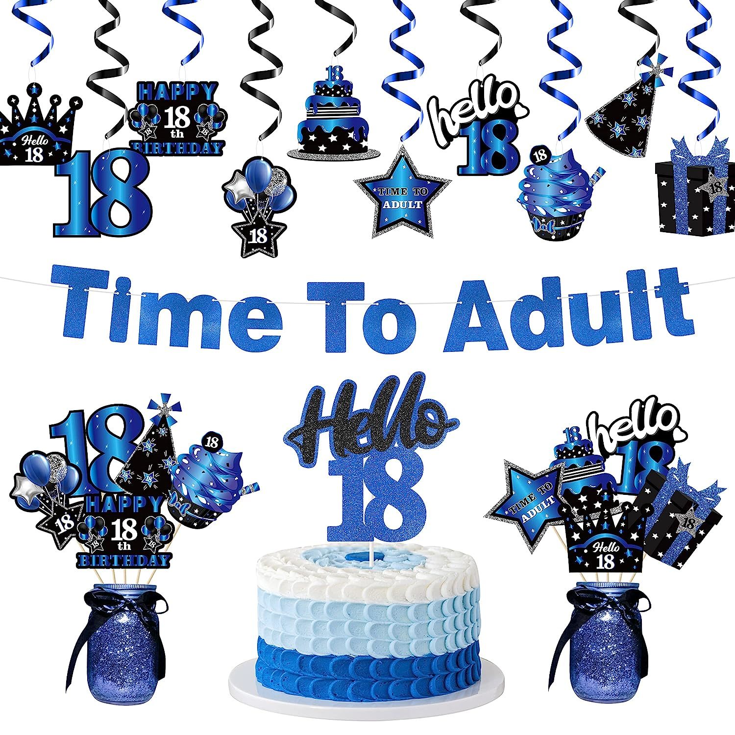 42Pcs 18Th Blue Black Birthday Banner Party Decoration, Time To Adult Hanging Ga - $27.99
