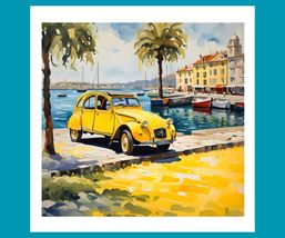 Yellow Citroën 2CV by the Seafront Art Poster Print 23 x 23 in - £26.50 GBP