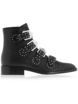 Black Leather Studded Ankle Boots For Women Gold Metal Buckle Strap Sexy Motorcy - £139.73 GBP